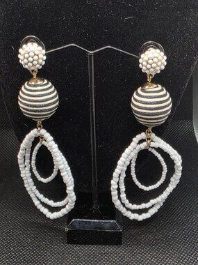 SUGARFIX Statement Earrings White Seed Bead Black and White Striped Drop 4"